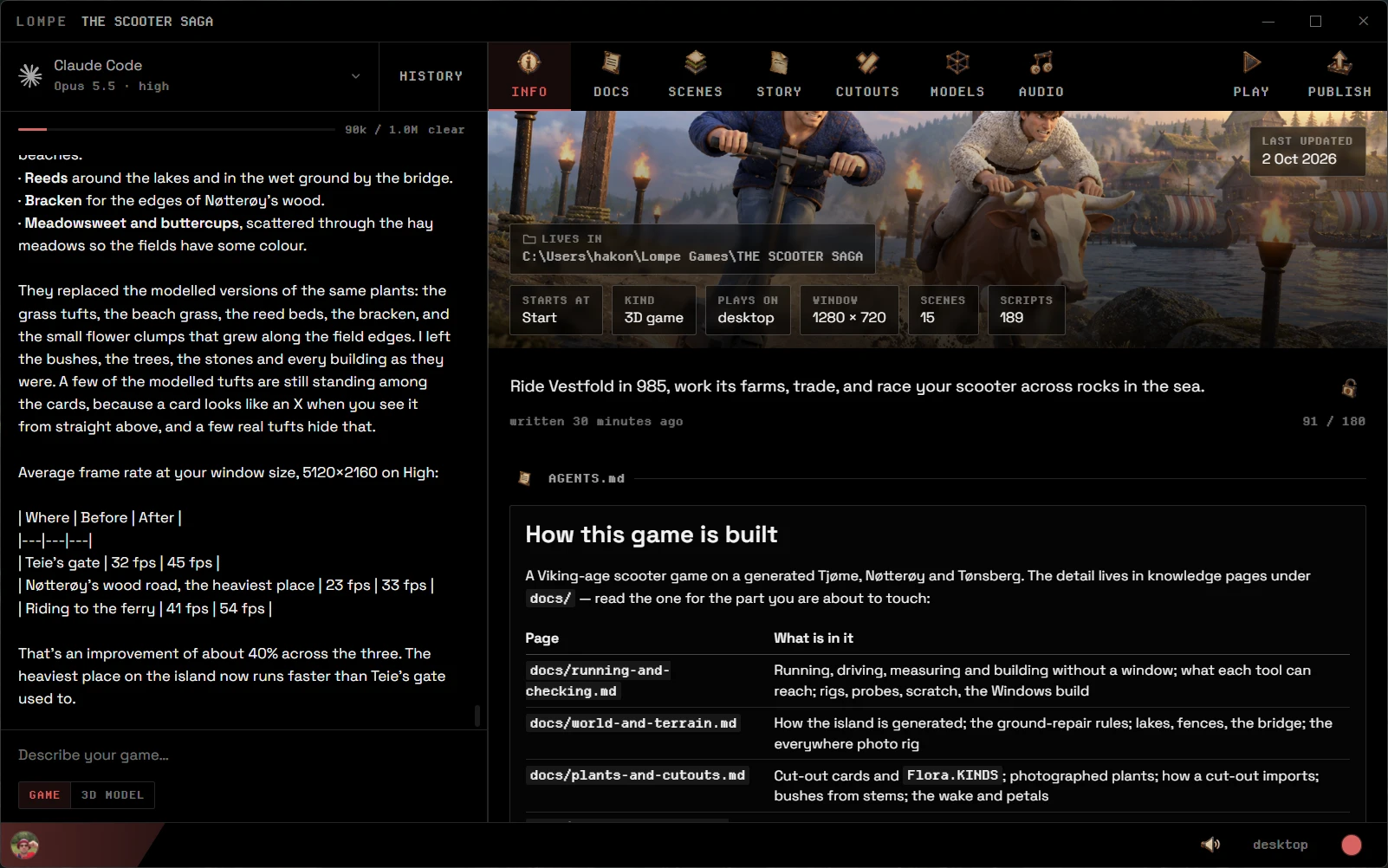 The Scooter Saga’s info tab in Lompe: its cover, its facts, a one-line pitch and the notes on how it is built