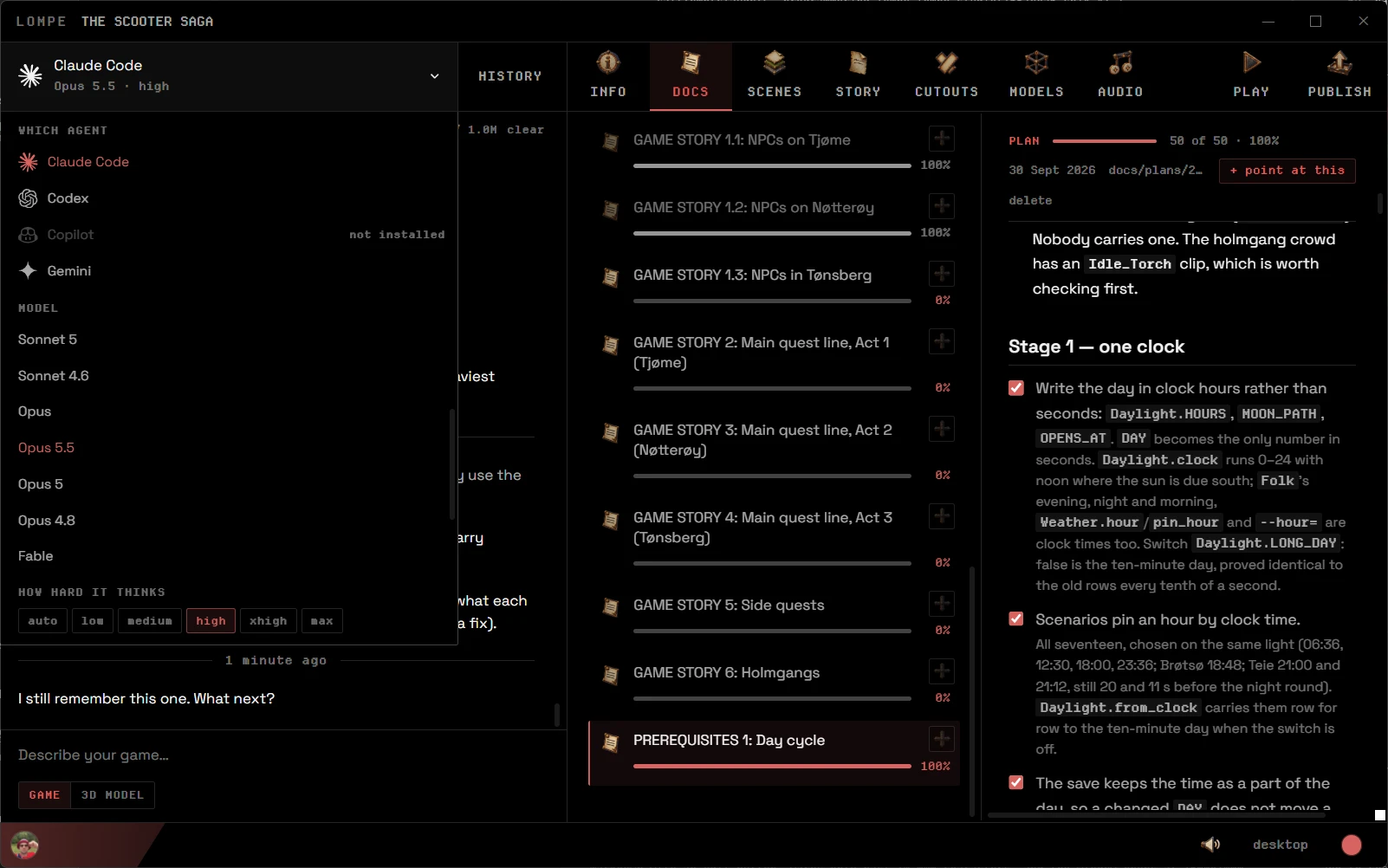 Lompe working through a plan from the game’s docs, the chat glowing while it thinks