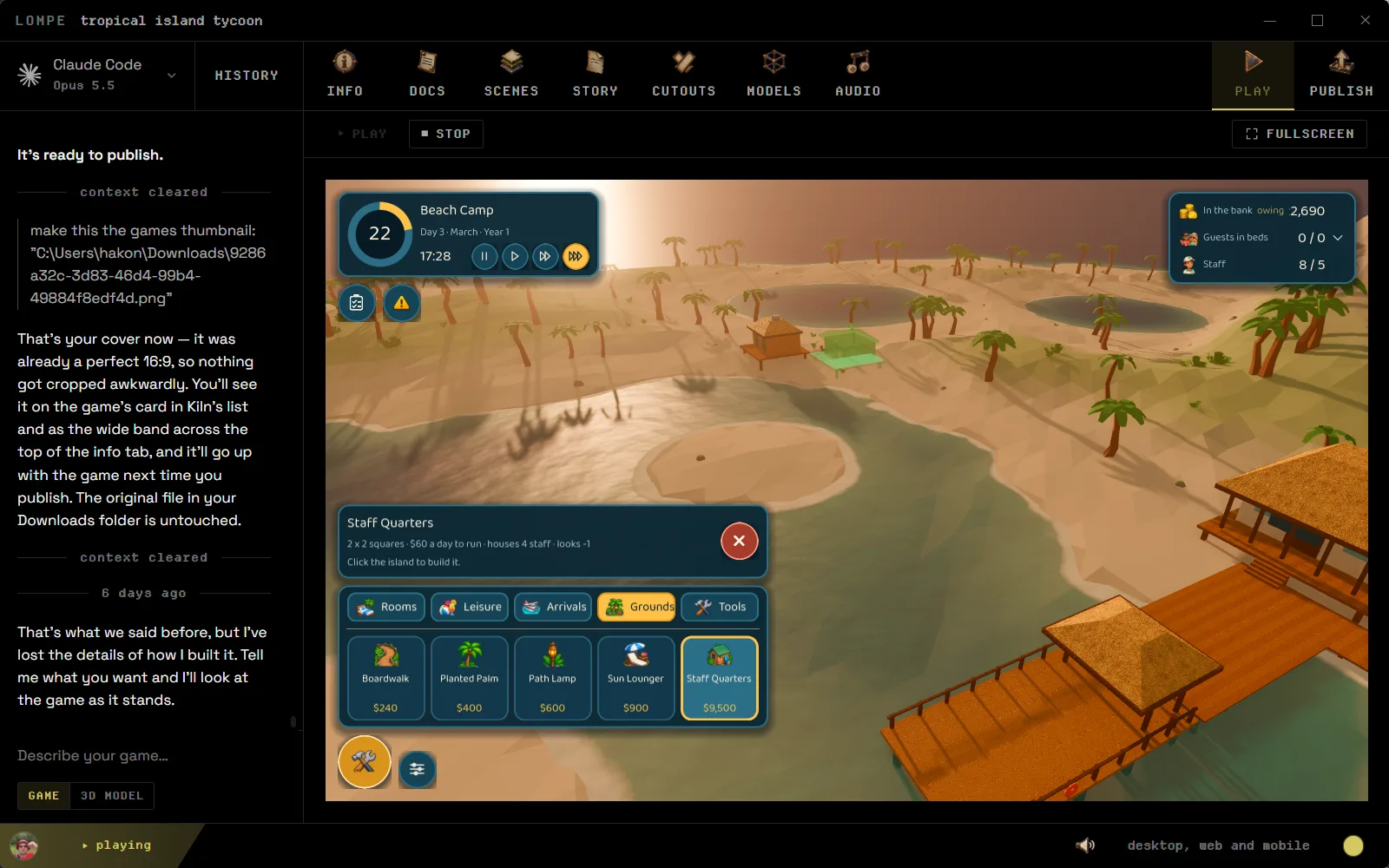 A tropical island tycoon game running inside Lompe