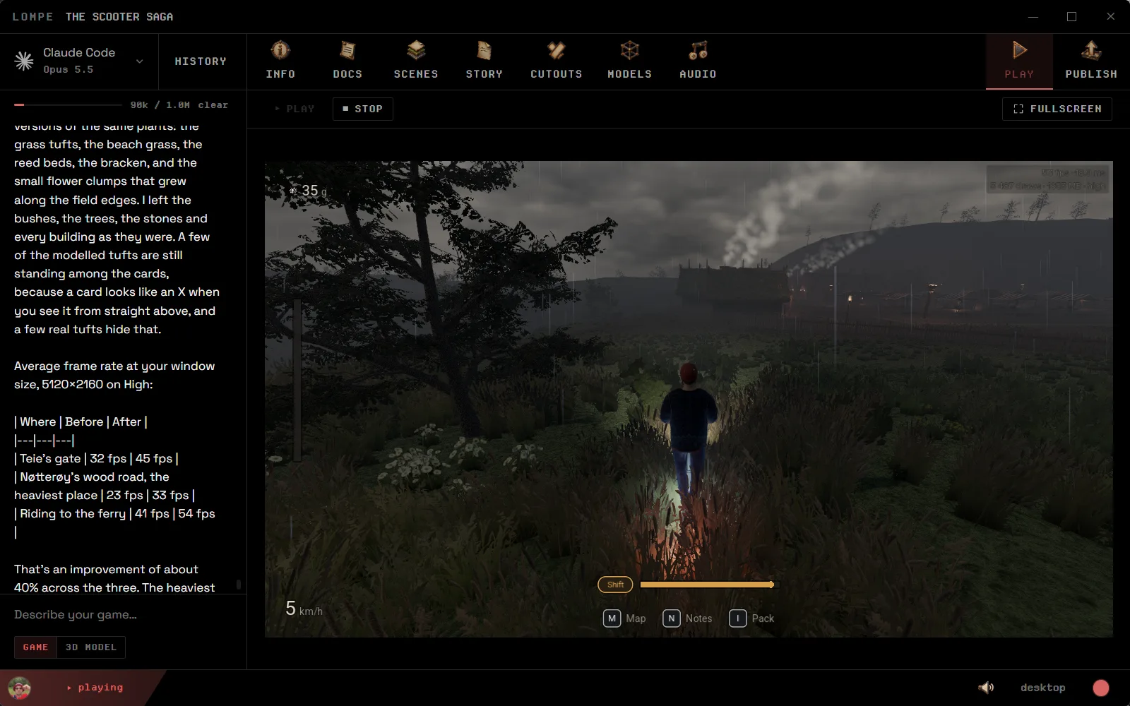 Lompe playing The Scooter Saga: a rider on an e-scooter on a forest road, with the chat beside it